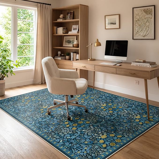 Anidaroel Office Chair Mat for Hardwood Floor/Tile Floor, 5x7 Floral Desk Chair Mat for Hard Floors, Under Desk Rug Protector for Rolling Computer Gaming Chairs, Anti Slip Machine Wash Carpet