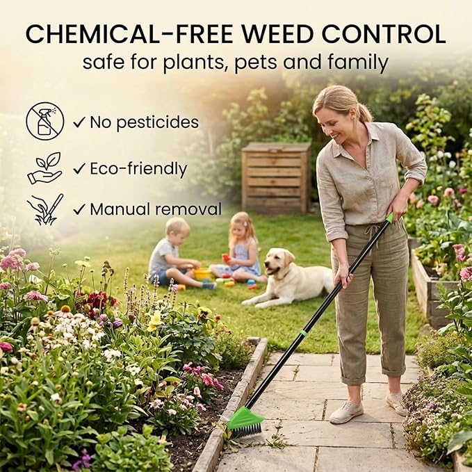 SakerPlus 3-in-1 Versatile Weed Brush Combo Set with Long Handle (1pack) | Crack Weeder Brush, Wire Floor Scrubber, Triangular Brush, Scraper, Steel Wire Bristles for Patio, Driveway, Deck