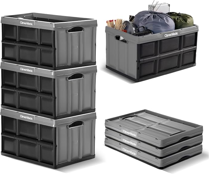 CleverMade Collapsible Storage Bins - Ocean 3 Pack 46L / 12 Gal holds 66 lbs - Stackable Containers Heavy Duty Capacity Crates Space-Saving | Carry Groceries, Tools, and Gear Without Bulky Totes | Each Bin Holds 75 lb, Stacks Securely, and Folds to 2.7...