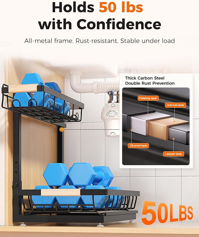 2026 Upgraded 3-Pack 2-Tier Adjustable Height Under Sink Organizer, Black | Multi-purpose metal storage shelf with sliding shelves for kitchen, bathroom, pantry & laundry cabinet