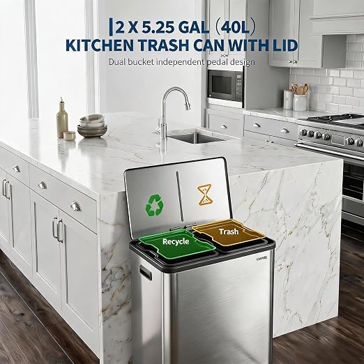 10.5 Gal Dual Compartment Stainless Steel Kitchen Trash Can with Lid, 20L+20L Recycling Garbage Bin, Soft Close Foot Pedal Trash Bin with 2 Removable Inner Buckets, Fingerprint Resistant for Home Offi | 20L+20L Recycling Garbage Bin, Soft Close Foot Pe...