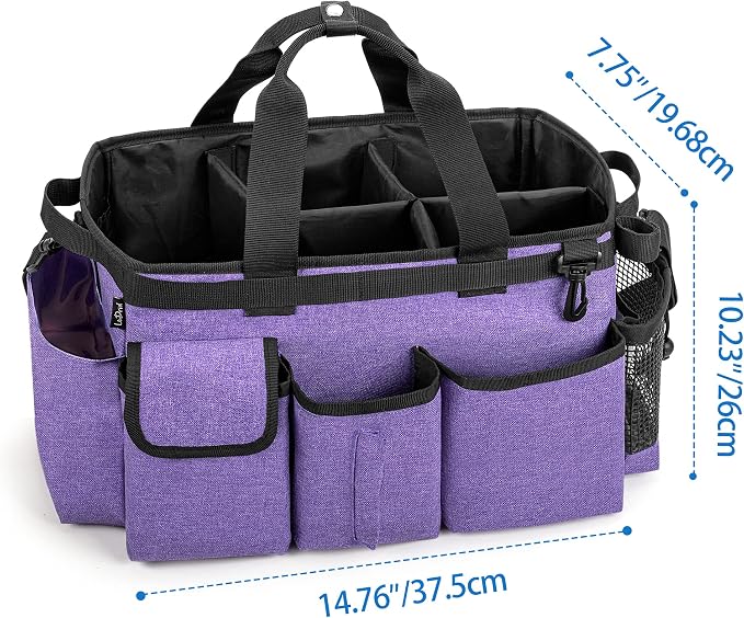 LoDrid Large Wearable Cleaning Caddy Bag with Detachable Divider, Purple | Cleaning Supply Tote Organizer with Handles and Adjustable Shoulder Strap for Cleaners & Housekeepers