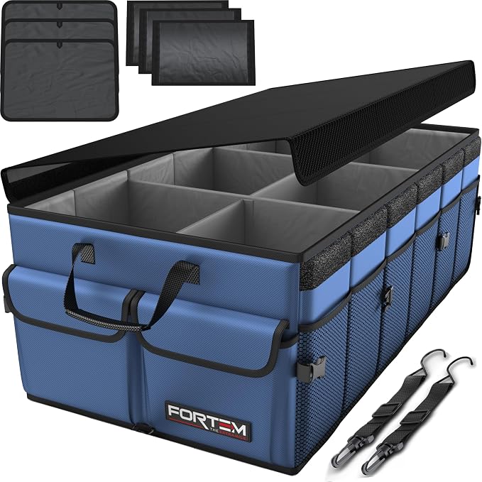 FORTEM Trunk Organizer - Foldable Car Organizer & Storage for SUVs & Trucks | Car Accessories for Men Women, Collapsible Bag, Non Slip Bottom, Straps, Soft Cover, 600D Oxford, Blue, 6 Compartments, 85L