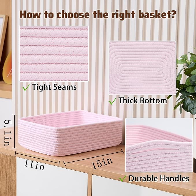 MiniArk Large Shallow Organizing Baskets 15x11x5.1 Inches - Rope Woven Storage Bins for Bathroom, Shelves, Cube Closet, Light Pink 4 Packs