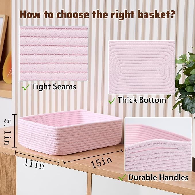 MiniArk Large Shallow Organizing Baskets 15x11x5.1 Inches - Rope Woven Storage Bins for Bathroom, Shelves, Cube Closet, Light Pink 3 Packs