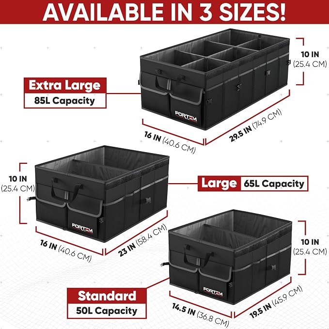 FORTEM Trunk Organizer - Foldable Car Organizer & Storage for SUVs & Trucks | Car Accessories for Men Women, Collapsible Bag, Non Slip Bottom, Straps, Soft Cover, 600D Oxford, 6 Compartments, 85L
