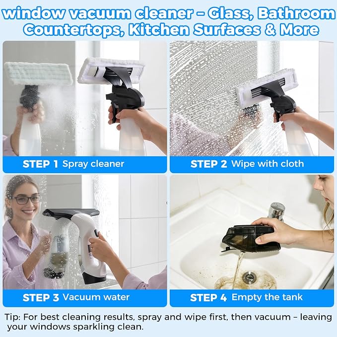 2000Pa Window Vacuum Squeegee with 31-40" Pole, 2200mAh & 150ml Tank | Electric Window Cleaning Tool for Windows, Shower Doors, Mirrors, and Tiles