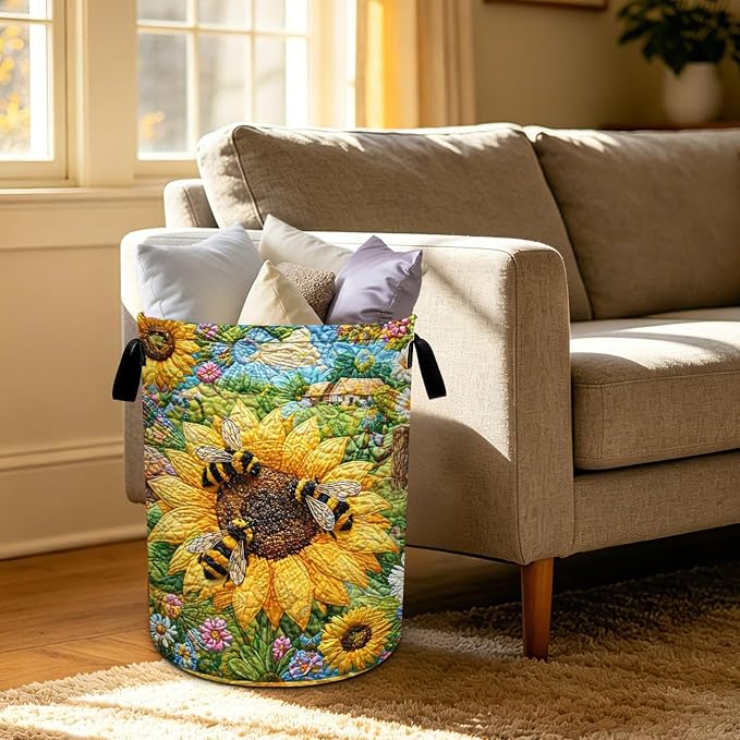 Bee Sunflowers Laundry Basket Foldable Oxford Laundry Hamper With Handle For Room Bathroom Bedroom