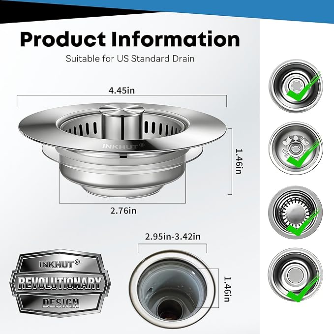 Upgraded 3 in 1 Kitchen Sink Drain Strainer | Stainless Steel Sink Stopper, Anti-Clogging Food Catcher Basket, Bounce Core Drain Strainer Plug for 3 1/2 inch Drain