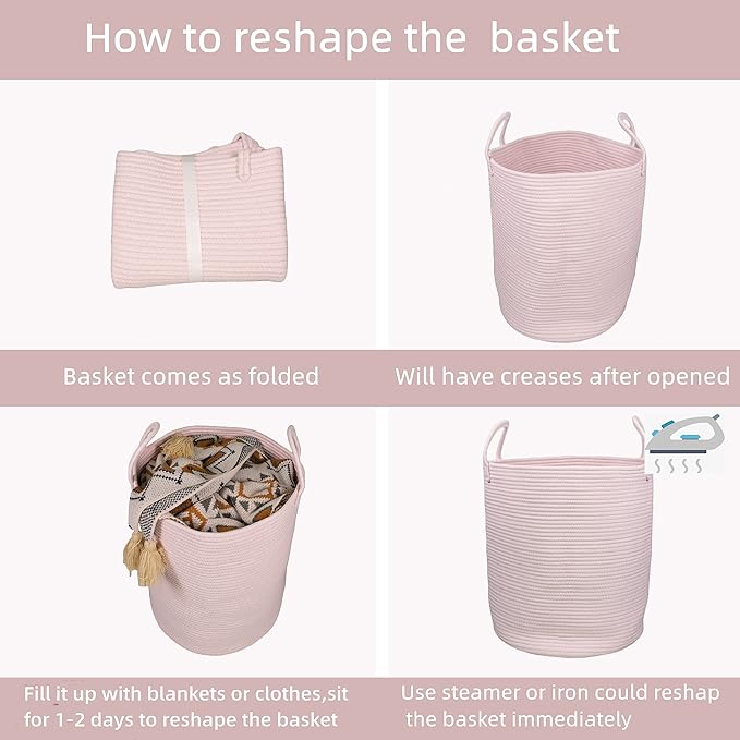 XUANGUO Cotton Rope Laundry Basket Hamper for Girls Kids Baby Nursery Hamper Bin Woven Storage Basket for Living Room Girls room Boho Tall Rope Baskets for Blanket Toys Large light pink (Pack of 2)