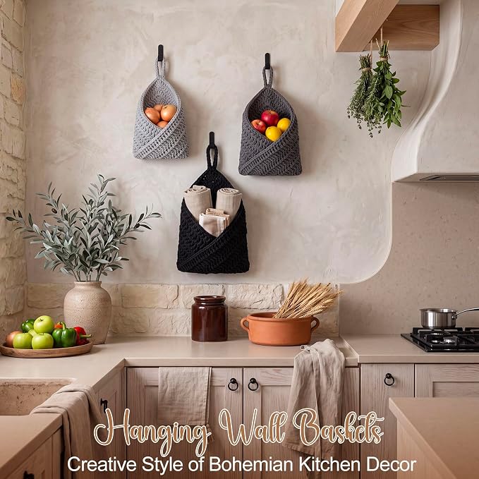 3 Hanging Baskets,Light Grey, White, Dark Grey,Triangle,Cotton Rope | Wicker Wall Baskets with Hooks for Fruit Vegetable Onion Storage, Teardrop Organizer for Kitchen, Boho Farmhouse Decor