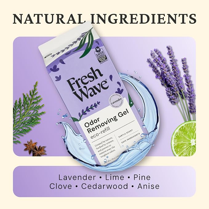 Fresh Wave Odor Removing Gel 4-Pack Glass Jar & 63oz Refill, Lavender | Refills 7oz gel up to 9 times or 15oz up to 4 times. Gel odor eliminator for bathroom, closet, or garage. No plug-in.