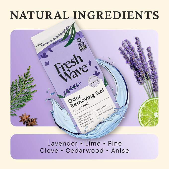 Fresh Wave Odor Removing Gel 2-Pack Glass Jar & 63oz Refill, Lavender | Refills 7oz gel up to 9 times or 15oz up to 4 times. Gel odor eliminator for bathroom, closet, or garage. No plug-in.
