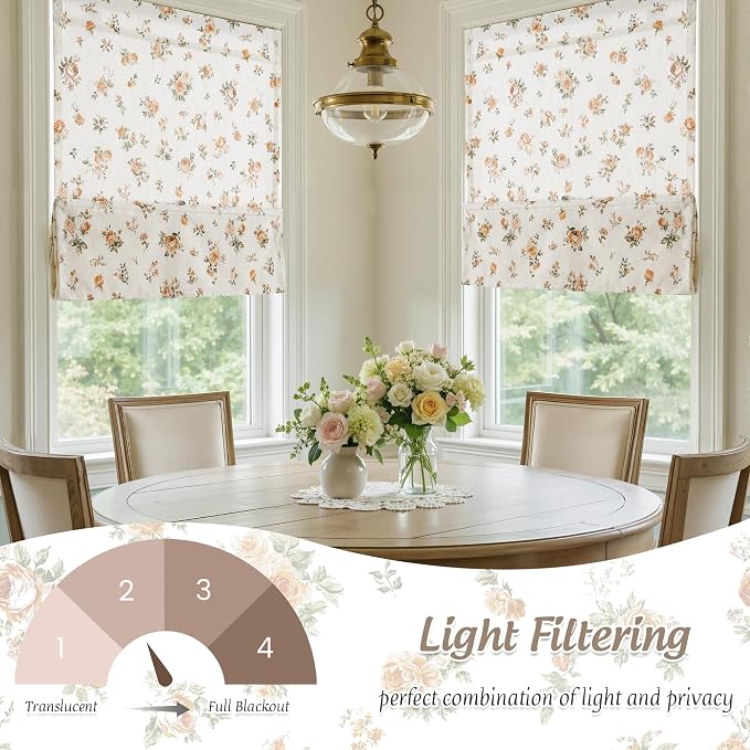 StangH Oak Yellow Cordless Linen Floral Roman Shades, W32 x L64, 1 Panel | Magnetic Style with Easy Handle, Light Diffusing Window Blind, Vintage Rose Printed Blind, for Nursery