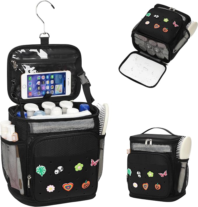 Shower Caddy Portable, Hanging Shower Caddy for College Dorm Room Essentials, Mesh Shower Bag with DIY Decoration Charms, Large Capacity Toiletry Bag for Gym, Swiming, Camping, Bathroom, Beach, Travel