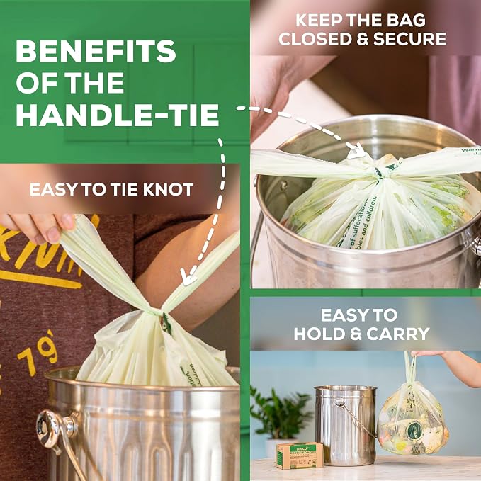 ANECO 100% Compostable Food Waste Bags 1.6 Gallon With Handles (30 Count) | Small Compost Bags for Countertop Bin, OK Compost HOME & BPI Certified Compostable Kitchen Food Waste Bags