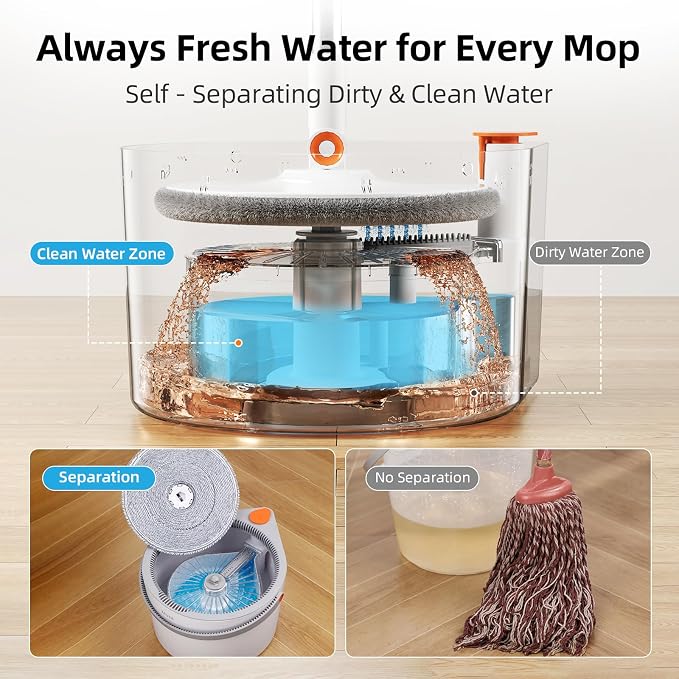 3-in-1 Spin Mop and Bucket Set, Clean Water Separation, 71 in Handle | 3 specialized mop heads, 6 microfiber refills, 71 in reach for floors, walls, baseboards and corners
