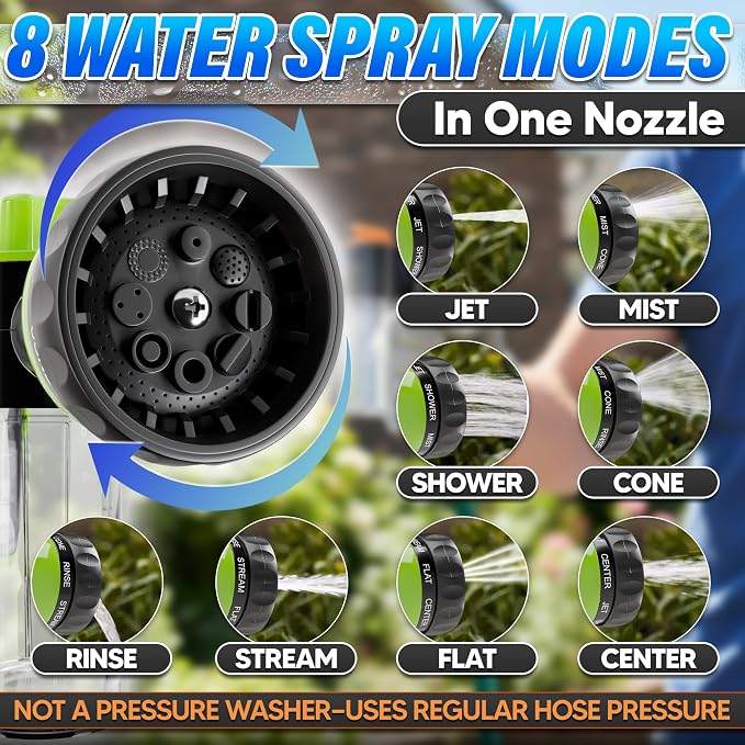 Hose Nozzle with Soap Dispenser and Trigger Flow - Car Wash Sprayer and Soap Sprayer Hose Attachment, Foam Control Dial, 8 Spray Patterns, 3.5 oz Refillable Tank - Fits 3/4 Inch Hose, Ergonomic Grip