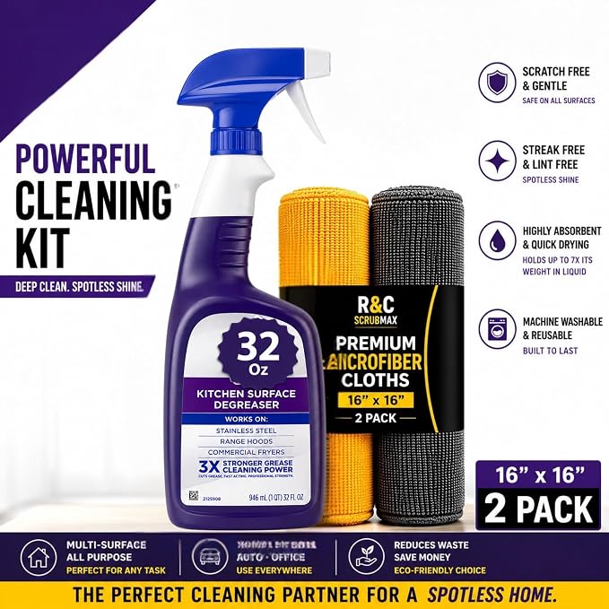 R&C Store Essentials Home Cleaning Bundle Kit, Includes 32 oz Degreaser Spray Compatible with Dawn_Kitchen Surface Degreaser + 2 Primium Microfiber Cleaning Cloths 16x16