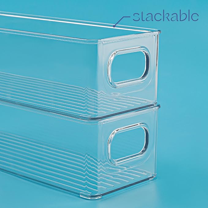 Plastic Food Storage 4 Pack Clear Container Bin with Handles for Organizing Kitchen, Pantry, Fridge, Freezer, Pantry,Bathroom. 10"x4"3"