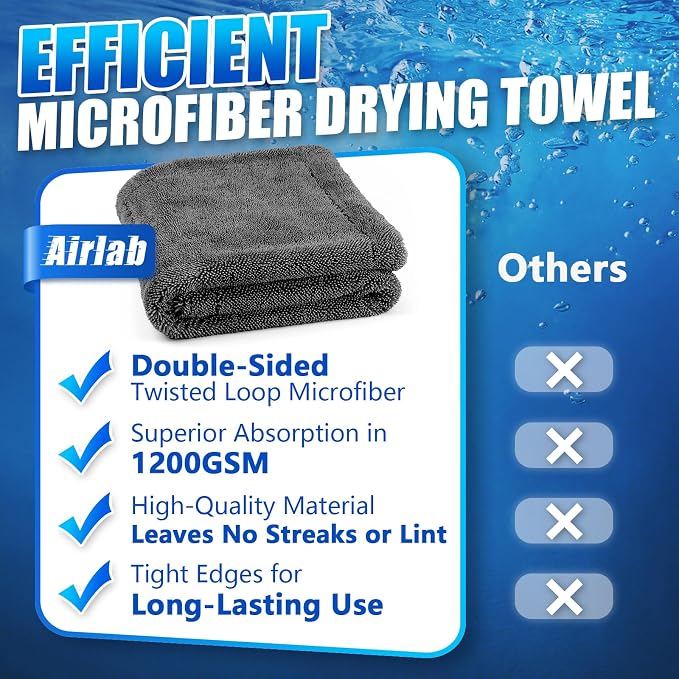 Airlab Microfiber Towels Cars Wash Drying Cleaning Cloth, Dark Grey | Thick Plush Auto Detailing Super Absorbent for Interior & Exterior Lint Free, Streak Free, 24 x 16 Inch, Pack of 1