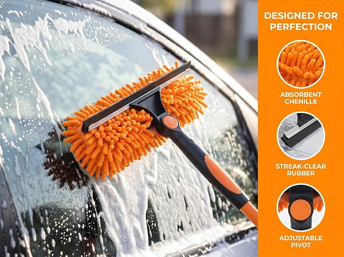 2-in-1 Window Cleaning Squeegee and Scrubber Kit, All-in-One Glass Cleaning Tool with Squeegee and Detachable Chenille Scrub Cloth Head, Streak-Free Window Washer for Home, Car, and High Windows