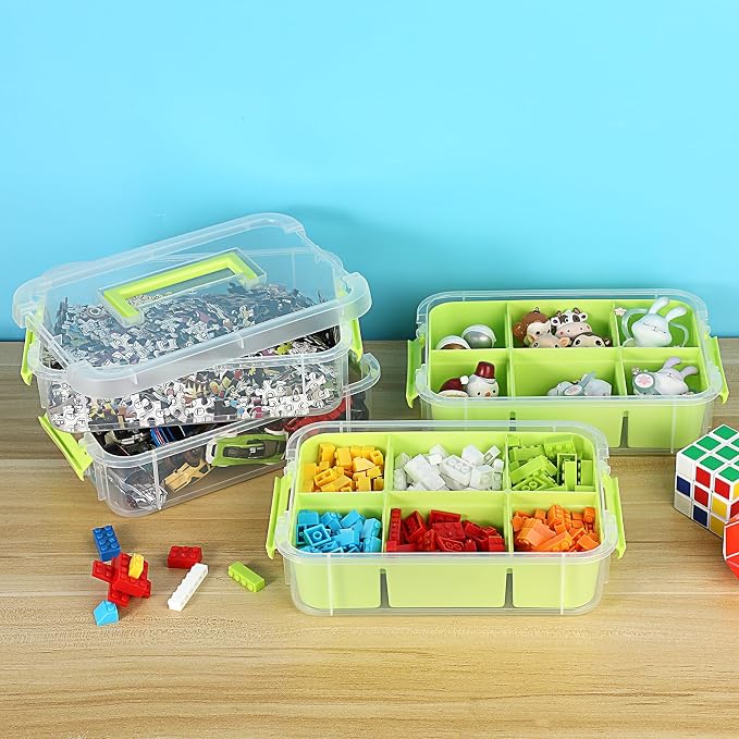 JUXYES 4-Tiers Plastic Stack Carry Storage Containers Box wih Handle Lids | Clear Stackable Latching Storage Bin With 2 Tray for School Office, Organizing Sewing, Art Craft, DIY Supplies, Green