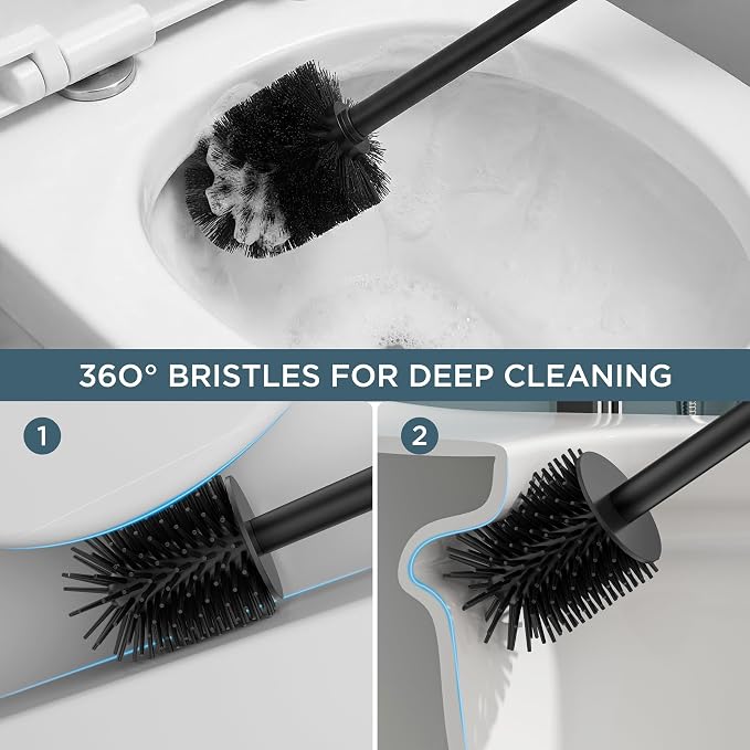 FORIOUS Stainless Steel Toilet Bowl Brush Scrubber and Holder Set Tall | Black, Extended Handle, Removable Inner Bowl, Stable Splash Guard, Steel Joint, Scratch‑Resistant Bristles, for Bathroom RV