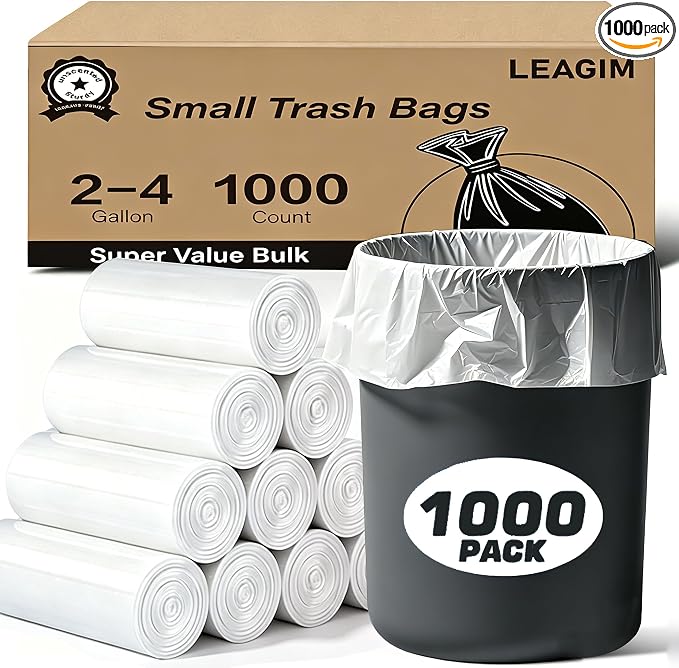 Small Trash Bags 2-4 Gallon 1000 Count Bathroom Garbage Bags Mini Plastic Wastebasket Liners for Can, Bin, Unscented