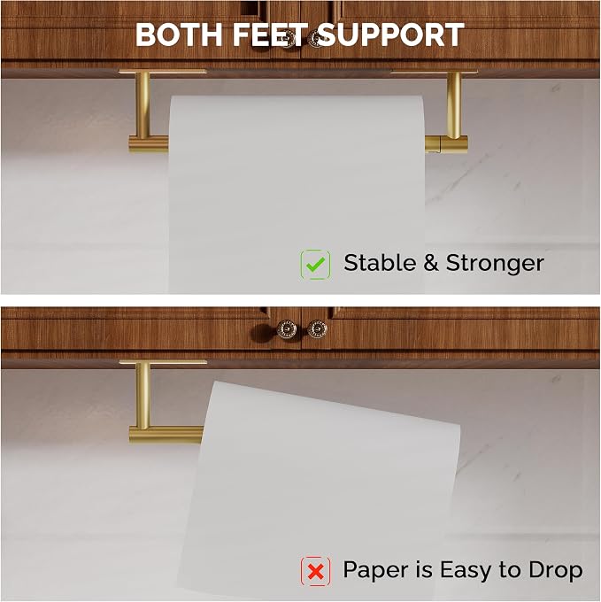 Gold Paper Towel Holder Under Cabinet Self Adhesive or Wall Mount | 304 Stainless Steel Post Pivoting Design No Drilling for Kitchen, Bathroom Waterproof & Rustproof, Square Base