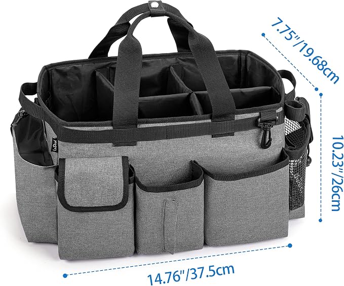 LoDrid Large Wearable Cleaning Caddy Bag with Detachable Divider,Grey | Cleaning Supply Tote Organizer with Handles and Adjustable Shoulder Strap for Cleaners & Housekeepers