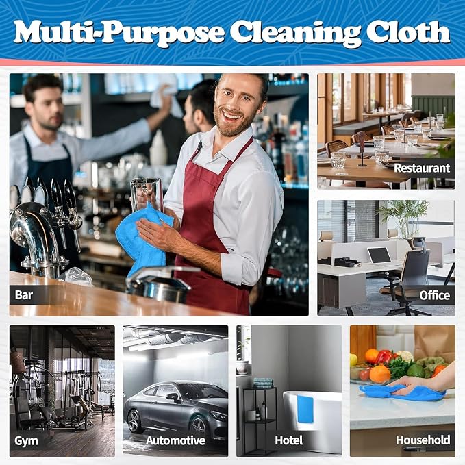 Microfiber Cleaning Cloth, Shop Towels Bulk, 24 Pack Blue Microfiber Towels for Cars, All-Purpose Absorbent Cleaning Rags, Dust Cloth for Automotive, Mechanic, Garage, Bar, 12 x 11 inch
