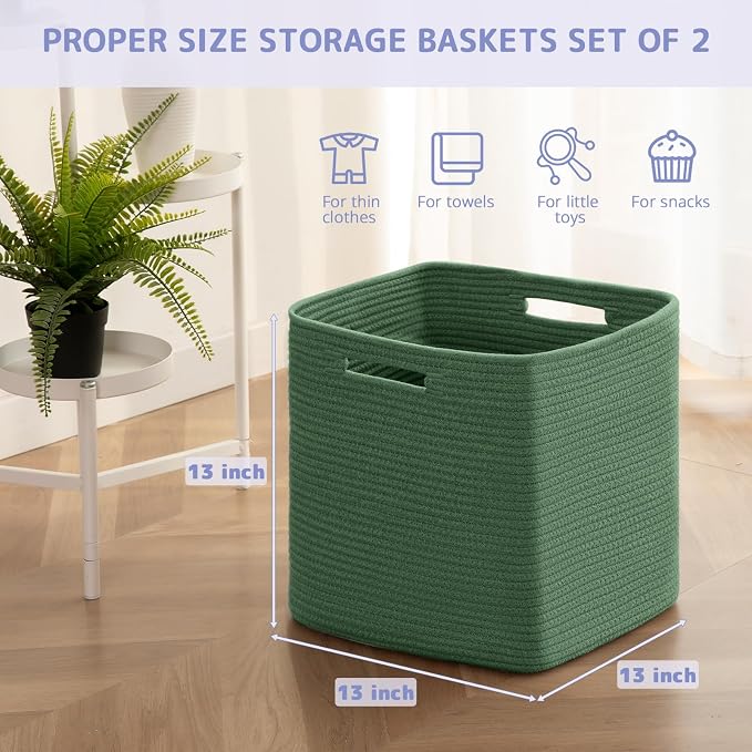 OIAHOMY 3 PACK Cube Storage Bin 13 Inch Collapsible Storage Cube Green | Cube Storage Organizer Storage Bins for Shelves Baskets for Organizing Woven Rope Storage Baskets