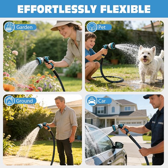 Halfjuly Garden Hose 75FT, Flat Non-Expandable Lightweight Water Hose, Durable Flexible Heavy Duty No Kink Design with 3/4" Fittings, 10 Way Spray Nozzle for Outdoor Yard Lawn