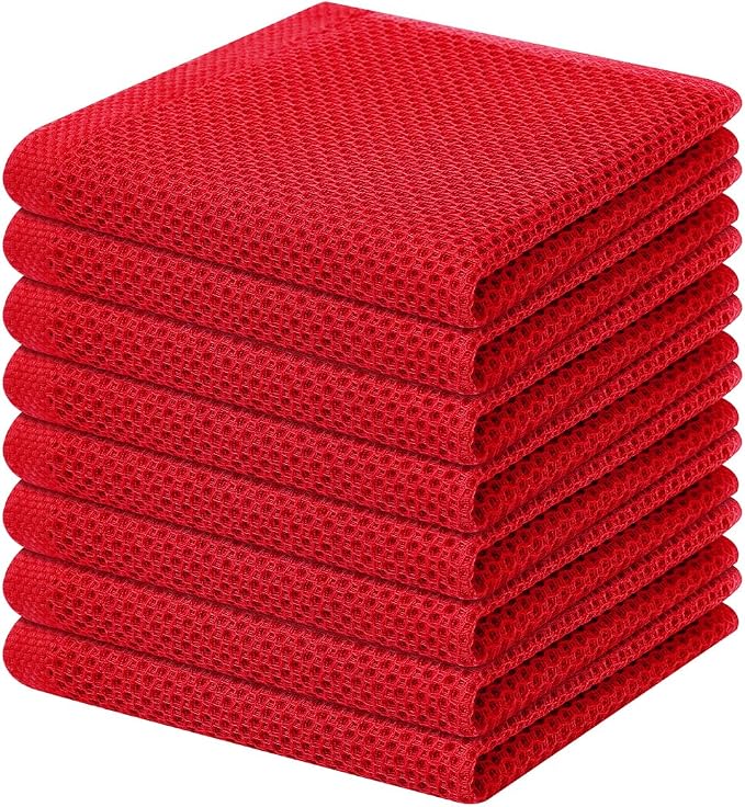 Homaxy 100% Cotton Waffle Weave Kitchen Dish Cloths 8-Pack, Red | 12 x 12 Inches, Ultra Soft Absorbent Dish Towels, Quick Drying Dish Rags with Hanging Loop