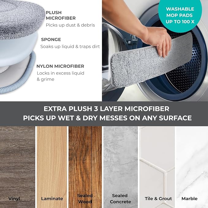 True & Tidy Spray Mop for Floors -Refillable Bottle, Machine Washable Pads