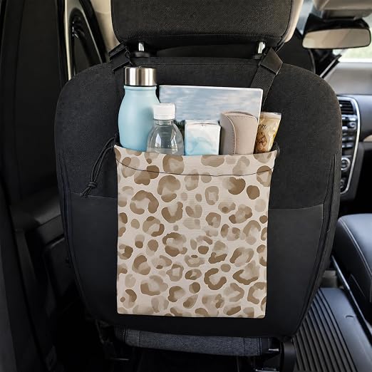 Neutral Beige Leopard Print Car Trash Bag Hanging for Back Seat | Cheetah Animal Print Canvas Drawstring Car Garbage Bag with Adjustable Buckle Vehicle Trash Can