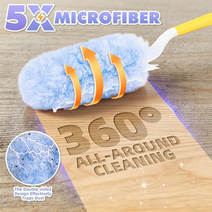 Duster Refills for Swiffer Duster, 60 Count with 2 Handles | 3 FT Extended Handle, 2 Sides 360°, 5X Microfiber, Heavy Duty Disposable Dusters for Cleaning Ceiling Fan, Blinds, Vent