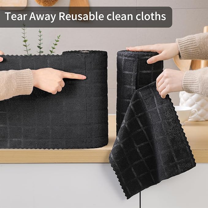 Ferdilan 80 Pack Microfiber Cleaning Cloth Roll,Lint Free Rags Paper Towels & Tear Away Reusable Towels,Washable Shop Rags,Wash Cloths Dish Rags(12" x 12") for Car Kitchen Window Garage-Black