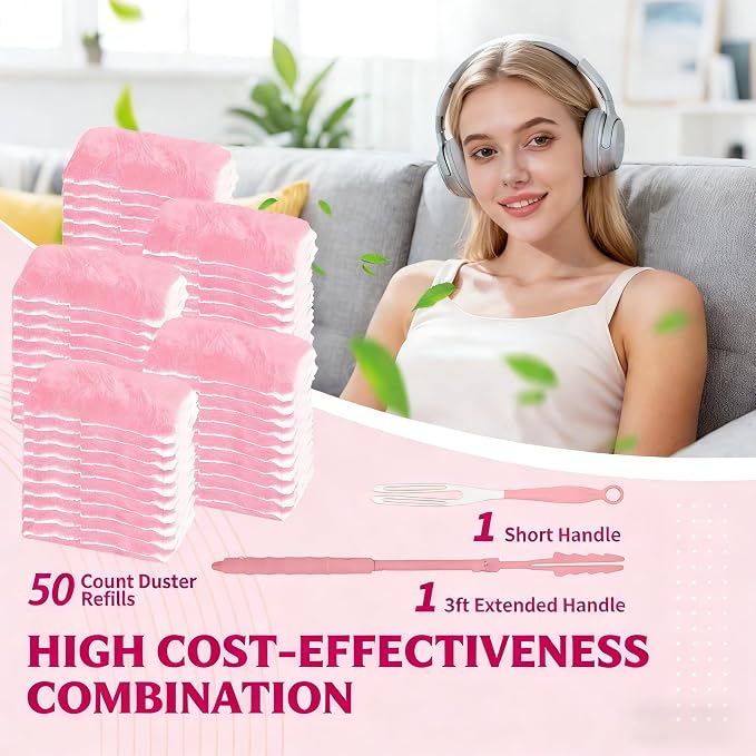Pink Duster Refill for Swiffer Duster, 50 Count Disposable Dusters Kit | for Cleaning Dusting Furniture Blind Ceiling Fan, Multi Surface 360 Feather Duster + 3FT Extended Handle + 1 Handle