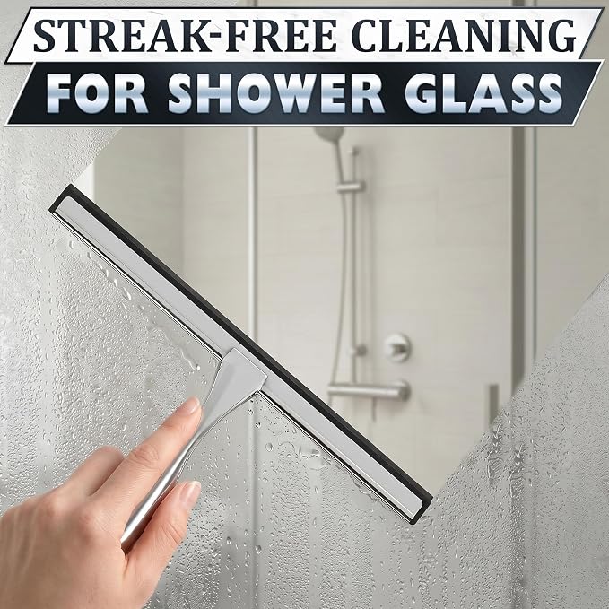 Stainless Steel Shower Squeegee, Glass, Silicone, 10 Inch (Silver) | Shower Door Squeegee with Silicone Blade, Adhesive & Hanging Hooks for Mirror, Tile, Window, Car, Multi-Surface Everyday Use