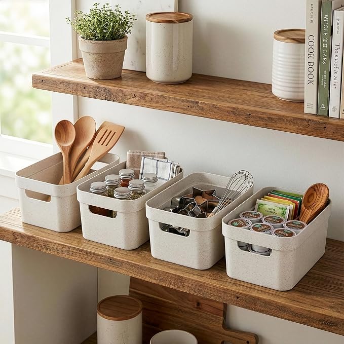 BINO | Plastic Storage Bins, 4 Liter - 4 Pack, Natural White | THE MODERN COLLECTION | Plastic Bins for Organization | Woven Storage Baskets for Organizing Pantry Shelf Organizer Basket Container Bin