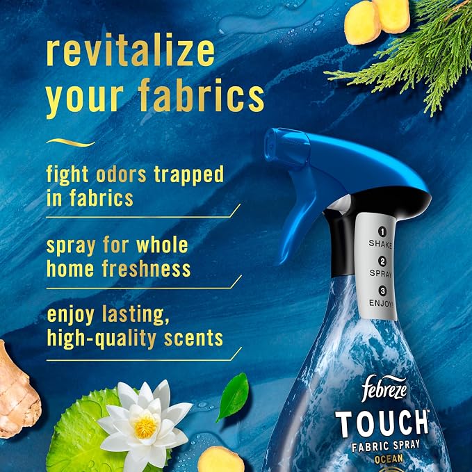 Febreze Touch Fabric Spray, Air Freshener, Odor-Fighting Fabric Refresher, Couch and Linen Spray, Sneaker Balls Alternative, Ocean and Mountain Scent, Multicolor, 16.9oz, 2ct