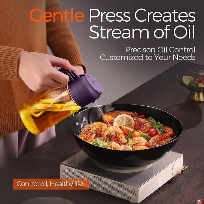 YARRAMATE 16 oz 2-in-1 Glass Olive Oil Sprayer for Cooking, BlackPurple | Food-grade dispenser bottle, 470 ml, spray and pour, portion control, stickers included, for salad, frying and BBQ