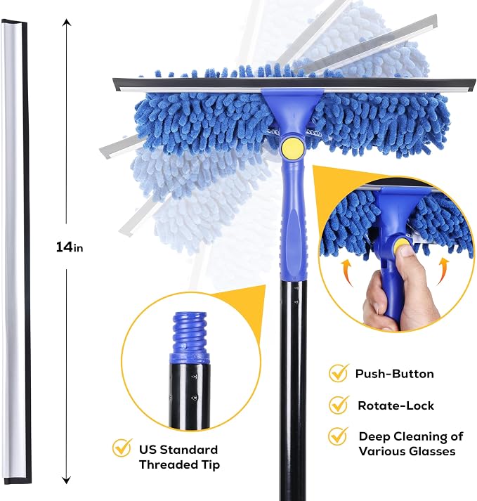 2-in-1 Window Squeegee with 60” Extendable Pole | Rotatable Glass Cleaner Tool for Commercial and Residential Use, 2 Reusable Sleeves and 14” Blade