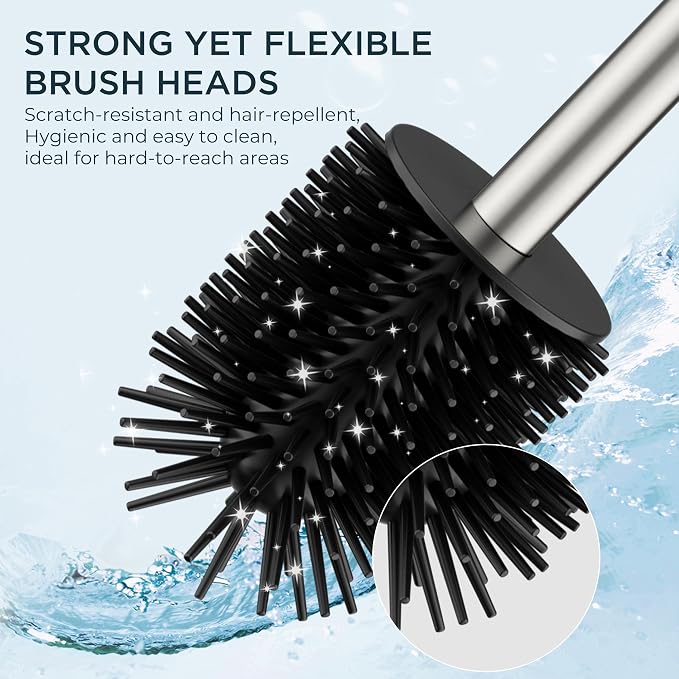 FORIOUS Stainless Steel Toilet Bowl Brush Scrubber and Holder Set Tall | Brushed Nickel, Extended Handle, Removable Inner Bowl, Fixed Splash Guard, Steel Joint, Anti-Scratch Bristle, for Bathroom RV