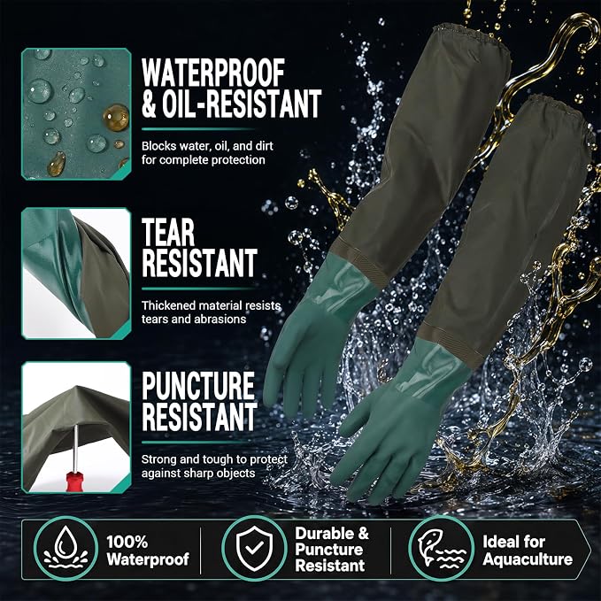 2 Pairs Aquarium Gloves Heavy Duty - 27.5 inch Waterproof Oil Resistant Anti-Slip Moisture-Wicking Elbow Length Gloves for Cleaning Pond Pet Fishing Garden Machinery Industry, Dark Green