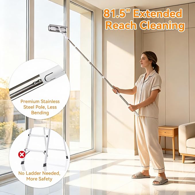 MUEE Window Squeegee with 81.5" Extension Pole, High Reach Window Cleaner | 81.5" Long Handle Window Squeegee with 180° Swivel Head, Clamp Cloth Design, Washable Pads & Scrubber