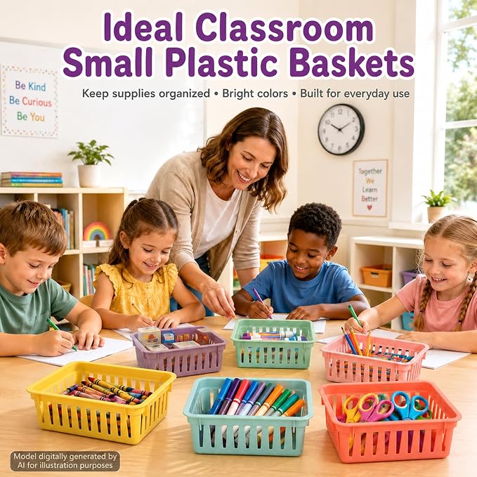 gisgfim 12 Pack Classroom Small Plastic Baskets for Organizing Mini Pencil Crayon Storage Bins Classroom Container Boxes for School Teacher Supplies Home Office Desk 6.1" L X 4.7" W X 2.4" H (Pastel)