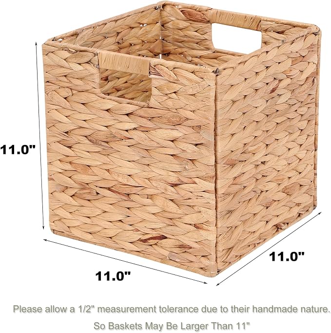 LYJWOO6D Water Hyacinth Storage Baskets 11x11x11 Inch Set of 2 | Handwoven Foldable Wicker Cubes with Sturdy Handles, Rustic Laundry Organizer for Bedroom Shelves, Kitchen, Bathroom